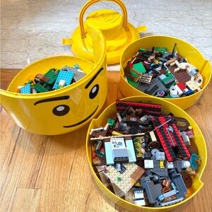 Large Lego Head Toy Box With 3 Pounds Of Legos, Minifigure Bucket 10.5" Tall
